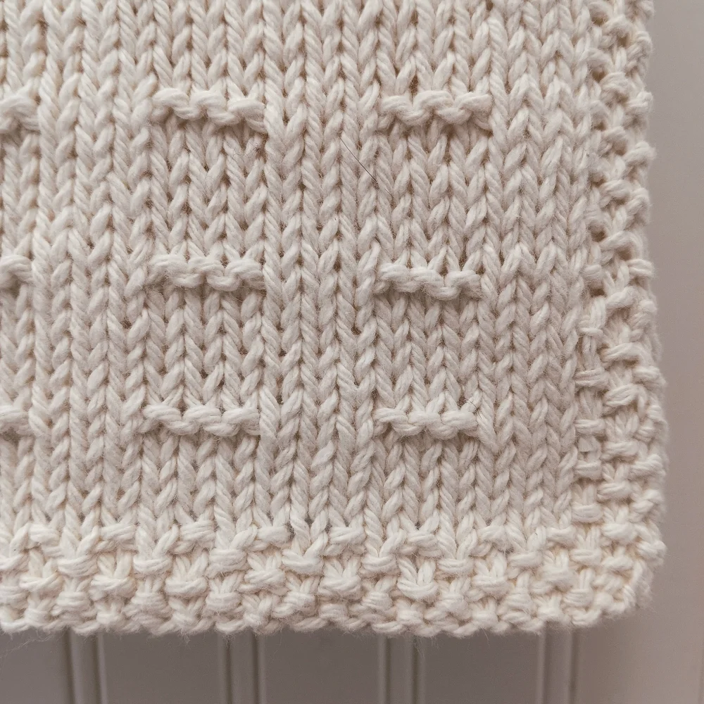Hand Crafted Hand Knit Ivory Textured Dash Stripe Cotton Hand Towel